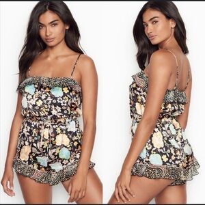 Victoria's Secret Black Floral Patterned Garment Flounce Pajama Romper XS